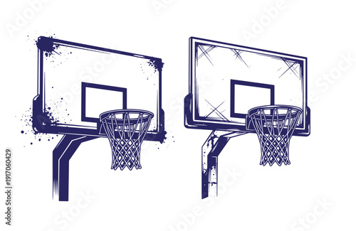 Grunge texture Two basketball hoops with backboards and nets in a grunge style illustration on white background Vintage Style