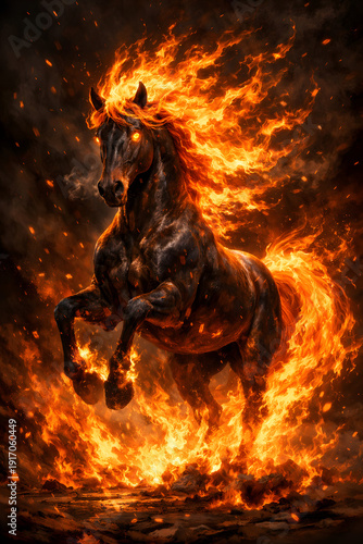 Mythical fire horse of the Chinese zodiac, symbol of 2026, emerging from flames with blazing mane, cinematic fantasy realism, power, luck, and transformation.
