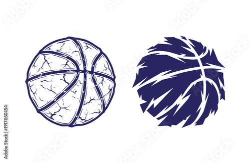 Grunge texture Two basketball illustrations in dark blue lines on white background  sports equipment Vintage Style