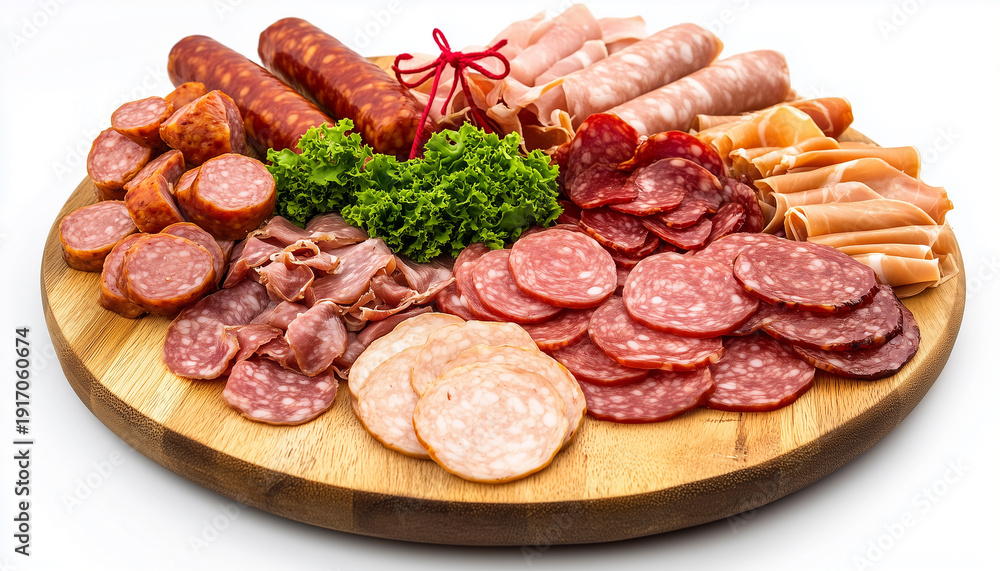 Obraz premium Assortment of delicious deli meats on wooden board, isolated on white