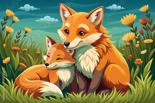 Thin fox mother and cub cuddling in grassy field heartwarming wildlife scene symbolizing family bond affection, conservation and nature care.