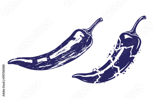 Grunge texture Two dark blue chili peppers with white highlights on white background  one intact and one cracked Vintage Style