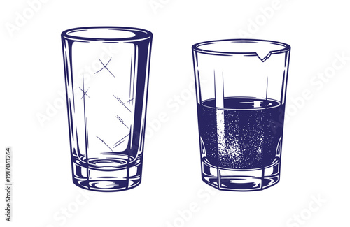 Grunge texture Two glasses one empty and one filled with dark liquid in a sketch style Vintage Style