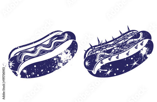 Grunge texture Two hot dogs with condiments and toppings in a grunge style design for food illustration  hot dog graphics Vintage Style