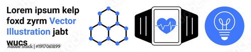 Healthcare, innovation, wearable technology, science, modern devices, technology development. Molecular structure, smartwatch with heartbeat icon light bulb symbol. Innovation and wearable