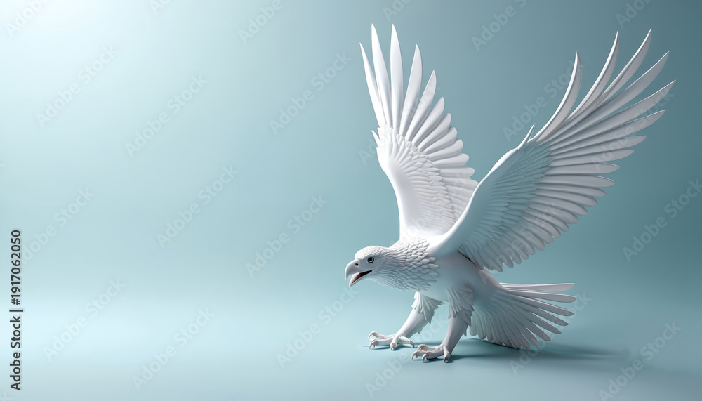 Fototapeta premium White eagle sculpture mid-flight against soft blue background. Detailed wings spread wide. Majestic bird artwork symbolizes freedom and power. Minimalist design for creative use.