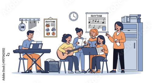 A group of young musicians rehearsing together in a studio with various instruments and equipment surrounding them.