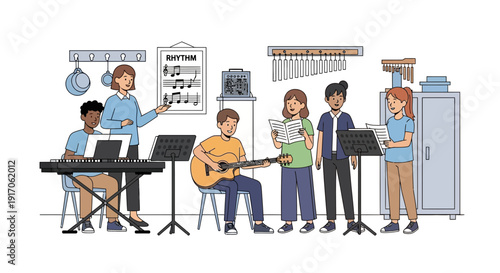 Group of young musicians rehearsing together in a studio with various instruments and equipment