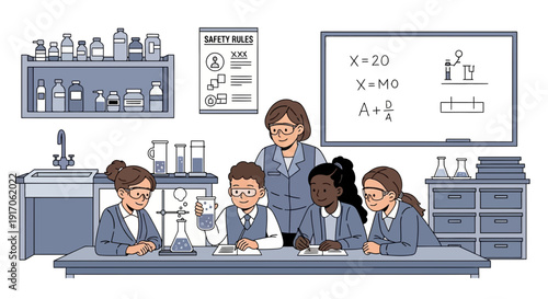 Students Conducting Science Experiment in Laboratory Classroom Setting Under Teacher Supervision