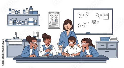 Students and teacher conducting science experiments in a laboratory setting with various equipment and educational materials surrounding them
