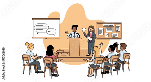 Students and teacher engaging in a discussion in a classroom setting with a presentation