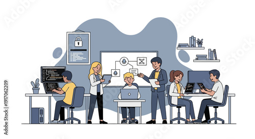 Team collaboration and brainstorming session in a modern office environment with digital devices and whiteboard from a frontal viewpoint