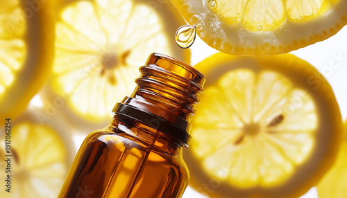Dripping citrus essential oil into bottle on white background