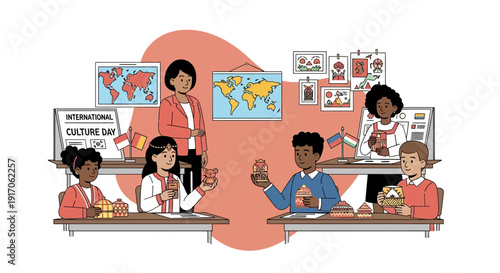 Diverse students and teacher collaborating on science projects in a culturally rich classroom environment from a frontal viewpoint