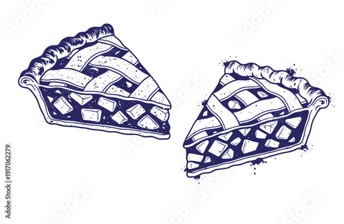 Grunge texture Two slices of pie with lattice crust and crimped edges on white background Vintage Style