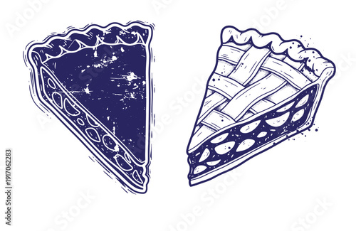 Grunge texture Two slices of pie with different crusts on white background  dessert illustration Vintage Style