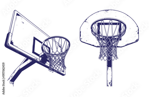 Grunge texture Vintage illustration of two basketball hoops with nets and backboards in blue lines on white background Vintage Style