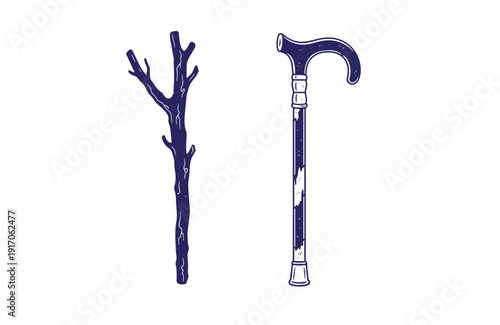 Grunge texture Vintage walking stick and wooden cane illustration for hiking and walking assistance  outdoor adventure and mobility aid Vintage Style