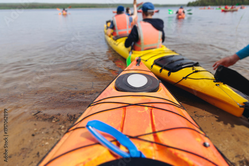 Tableau sur toile Kayaking in the lake, colorful canoe kayak boat paddling, canoeing in river, sca