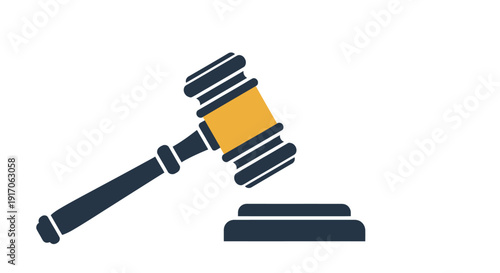 A stylized illustration of a gavel and sounding block representing justice
