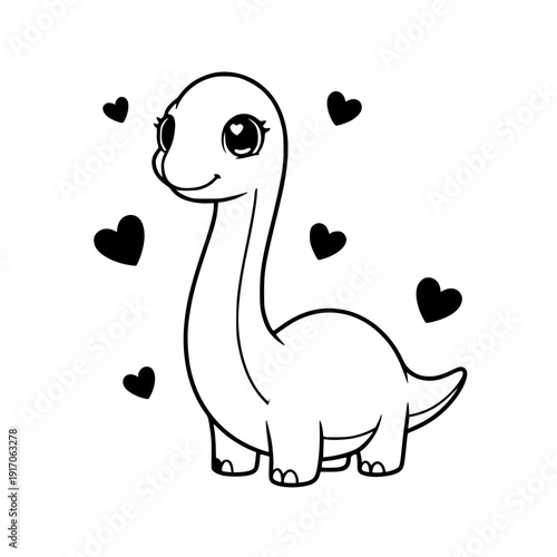 Cute baby brontosaurus dinosaur illustration with hearts in kawaii style for kids coloring book or stickers