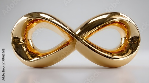 A stunning highly polished golden metal infinity symbol sculpture elegantly placed on a pristine light grey studio surface under bright even illuminat