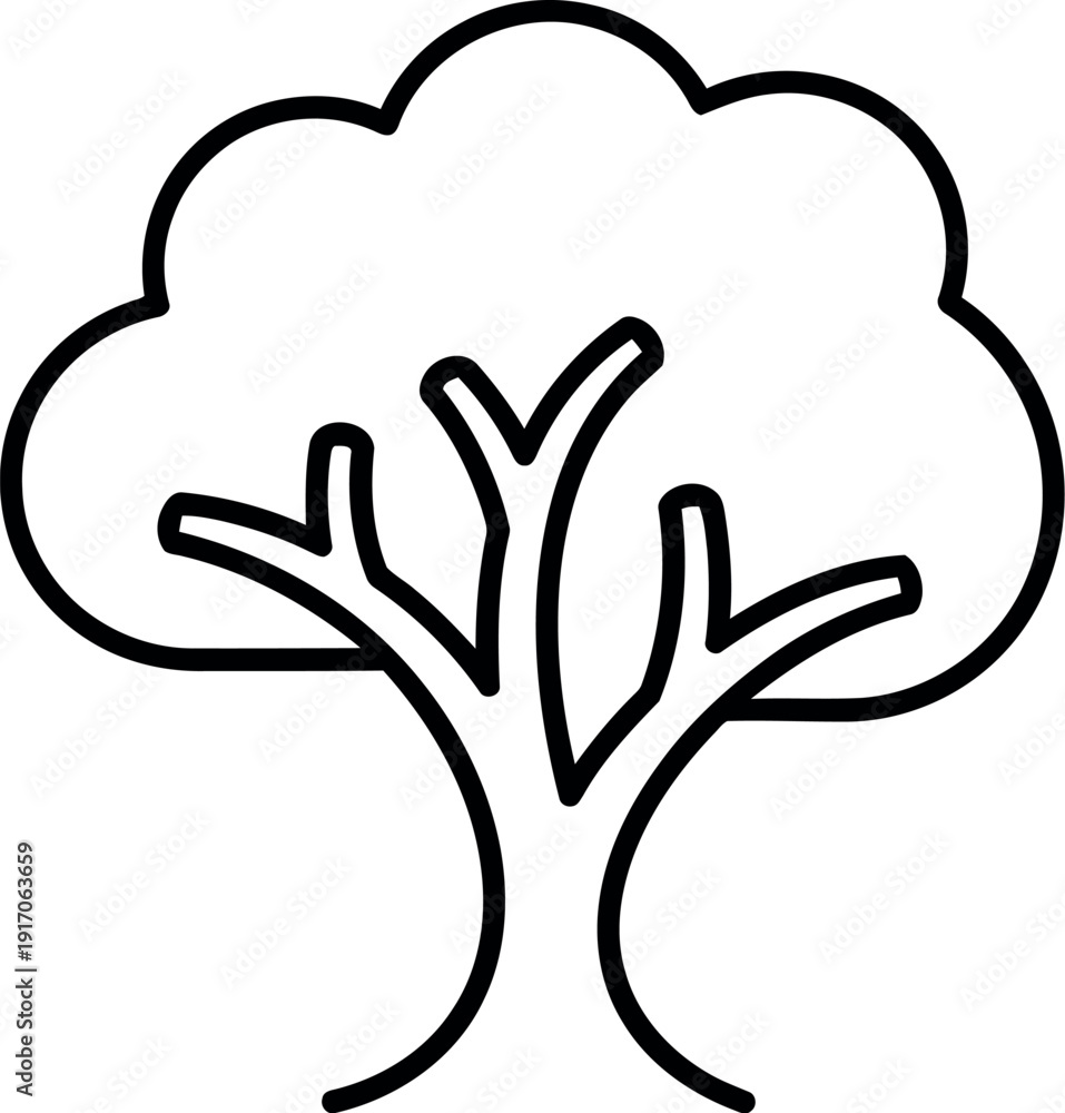 Obraz premium Simple black and white outline icon representing a deciduous tree with a rounded canopy and visible branching structure set against a clean white background for easy graphic use.