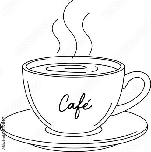 Simple black and white line art illustration of a steaming cup of cafe coffee sitting elegantly upon its matching saucer ready for drinking.