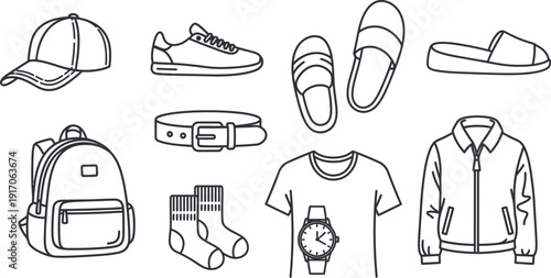 Collection of essential men's casual accessories and apparel items drawn in a simple black and white line art style perfect for fashion concepts.