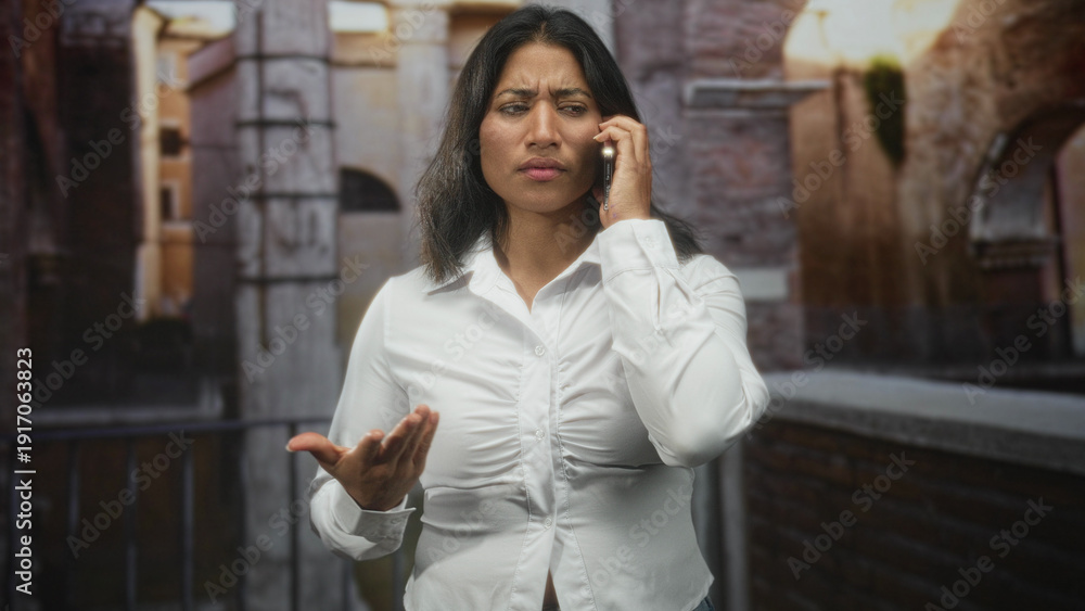 Fototapeta premium Woman in white shirt holding phone to ear with palm up questioning gesture and furrowed brow on a narrow stone street framed by archway and balcony railing; frustration.