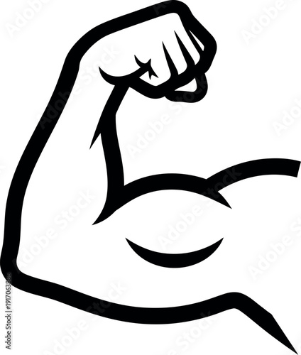 Simple black and white line art icon illustrating a flexed bicep muscle with a clenched fist signifying strength power fitness and successful bodybuilding achievements in a minimalist graphic style.