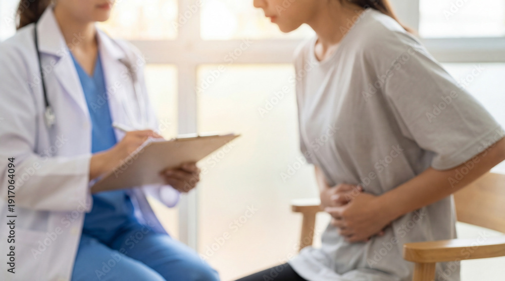 Fototapeta premium Blurred medical consultation scene featuring a doctor writing on a clipboard while a patient in a grey t-shirt holds her abdomen in pain. Concept for endometriosis diagnosis and women's healthcare.