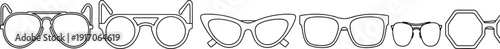 A simple black and white outline collection showcasing various styles of eyewear including aviator wayfarer cat eye and geometric shapes perfect for design