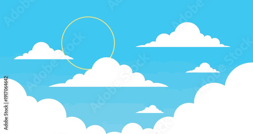 Bright blue cartoon sky background features fluffy white clouds drifting peacefully around a minimal yellow sun outline on a clear beautiful day.
