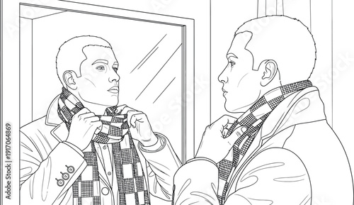 Man checking his appearance in a mirror while adjusting a checkered winter scarf around his neck before heading out into the cold weather season
