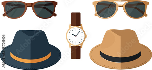 Collection of essential men's flat design accessories featuring stylish fedora hats modern sunglasses and a classic analog wristwatch for summer travel or casual wear