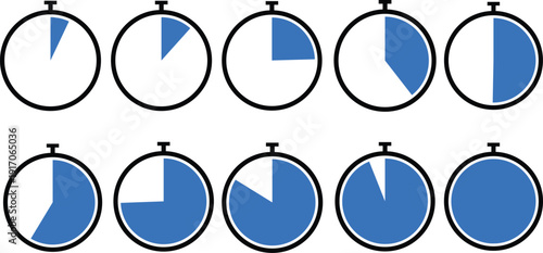 Collection of stopwatch icons showing progress and time elapsed simple vector illustrations for countdowns and timers isolated on white