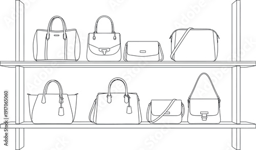 Collection of elegant handbag designs displayed neatly arranged across two wooden shelves illustrating various styles available for purchase in a retail environment.