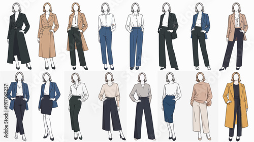 fashionable clothing illustrations on elegant mannequins, showcasing diverse poses and trendy outfits for retail design, fashion sketches, and boutique branding concepts.