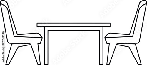 Simple black line art drawing depicting two modern chairs positioned opposite a small rectangular table suggesting a minimalist dining or meeting setup.