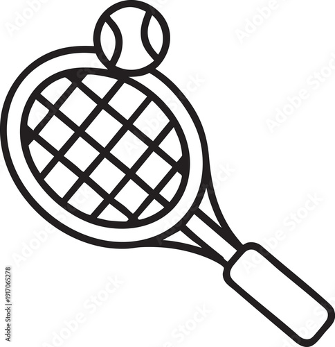 Tennis racket with ball icon simple line art design for sports and recreation concepts isolated on white background