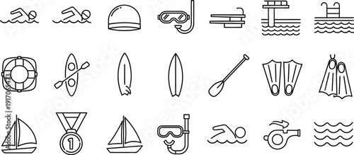 Collection of sleek black and white line art icons representing various water sports activities swimming gear and aquatic equipment essential for aquatic recreation.