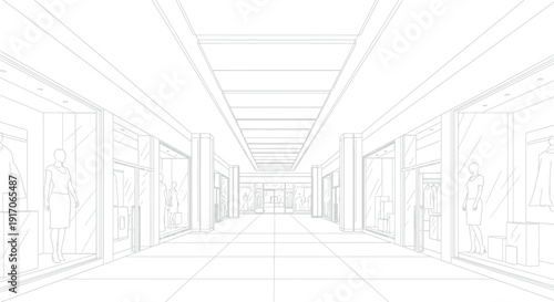 Architectural line drawing perspective view of a contemporary shopping mall interior walkway showcasing glass storefronts and various display mannequins in precise detail