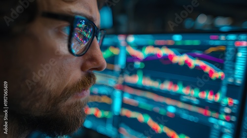 Bearded man in modern glasses intently watches glowing financial stock market charts on a computer screen reflecting a serious and analytical mood