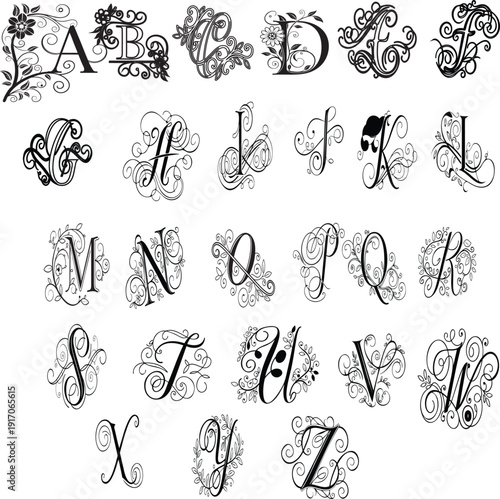 An ornate alphabet featuring decorative letters from A to Z in black on a white background