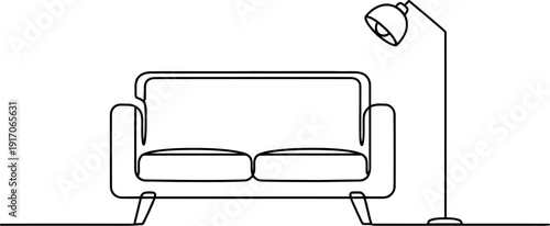 Minimalist continuous line art drawing depicting a contemporary two-seat sofa positioned next to a modern adjustable floor lamp representing simple home interior decoration concepts.