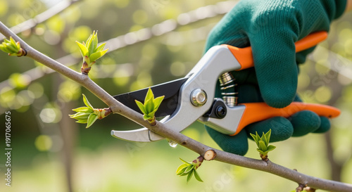 Gardener pruning green branches with orange shears in springtime  