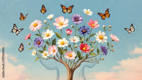 Colorful flowers and butterflies in a spring sky fantasy scene.