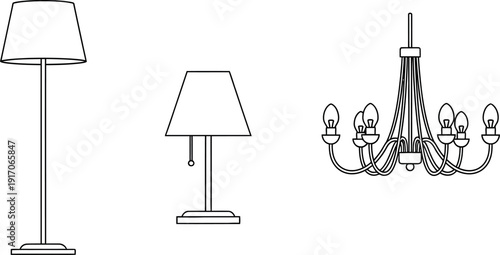 Collection of simple black and white line art icons representing various classic indoor lighting fixtures including floor lamps table lamps and a tiered chandelier