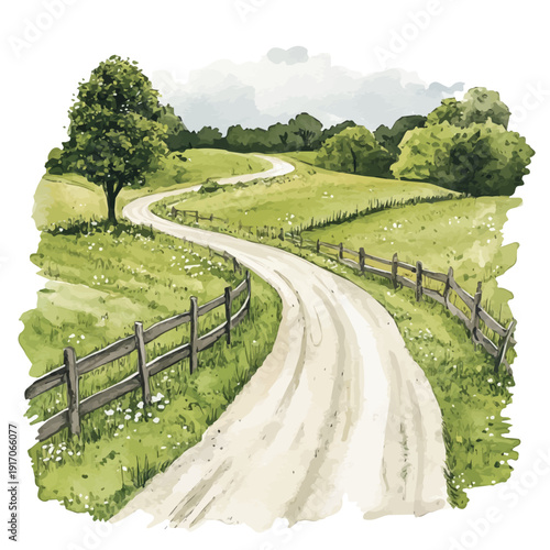 watercolor of Countryside Landscape Early Spring, vector, isolated on a white background.